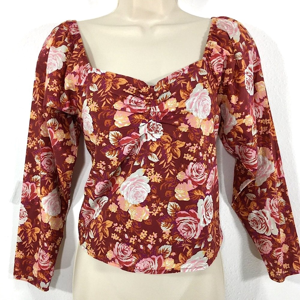 Wayf Rose Floral Crop Top Sz XS Stretch Back Smocking Lined Sweetheart Neck